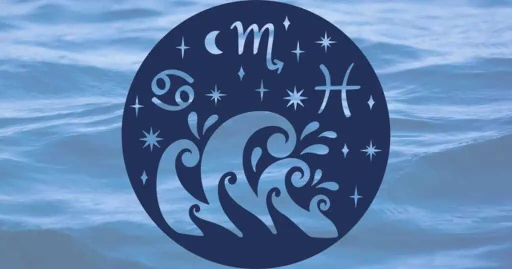 Symbols representing the water element Zodiac signs of Cancer, Scorpio and Pisces.