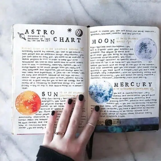 sample astrology journal page detailing sun, moon and mercury in chart