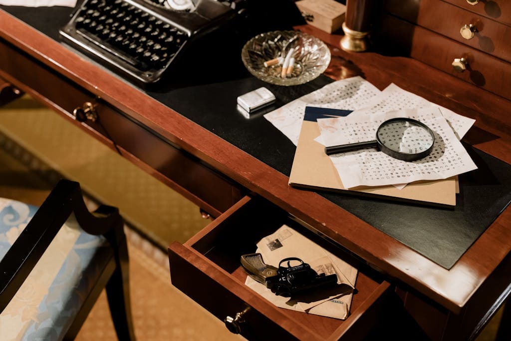 A moody vintage detective's desk with typewriter, magnifying glass, and secret documents.