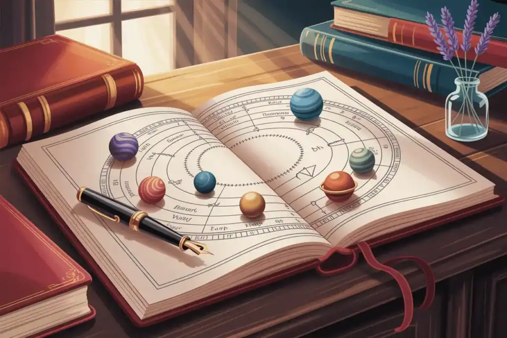 Illustrated flat lay of a birth chart journal with planets and a fountain pen on a wooden desk