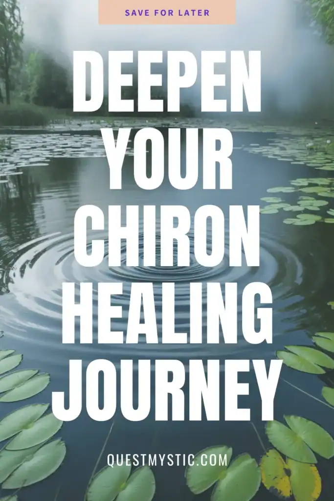 Peaceful misty pond with lily pads and gentle ripples, representing the emotional depth and reflection found in Chiron healing work.