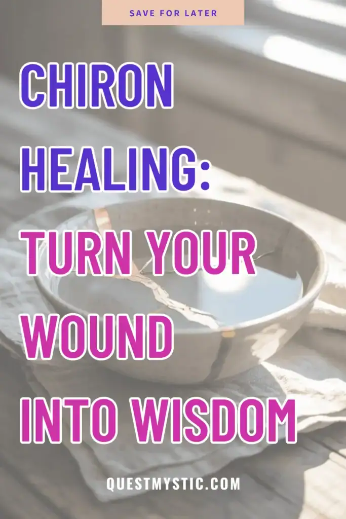 Kintsugi-style bowl with golden crack reflecting sunlight, symbolizing transformation and inner wisdom through Chiron healing.