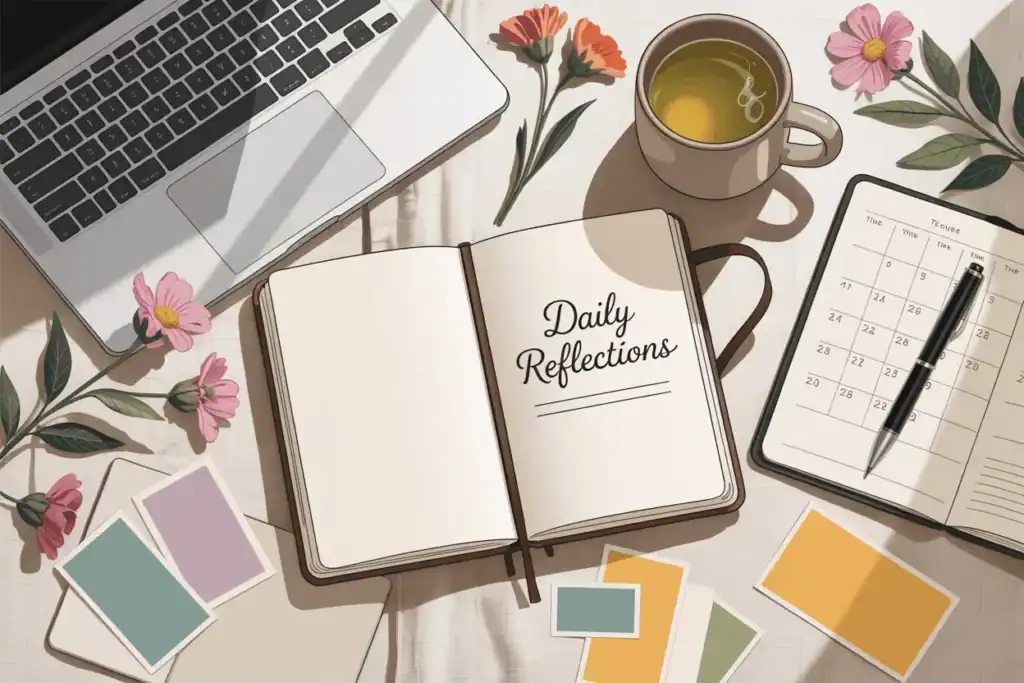 Cozy flat lay of a daily astrology journal, calendar, tea, and flower accents for planning and reflection