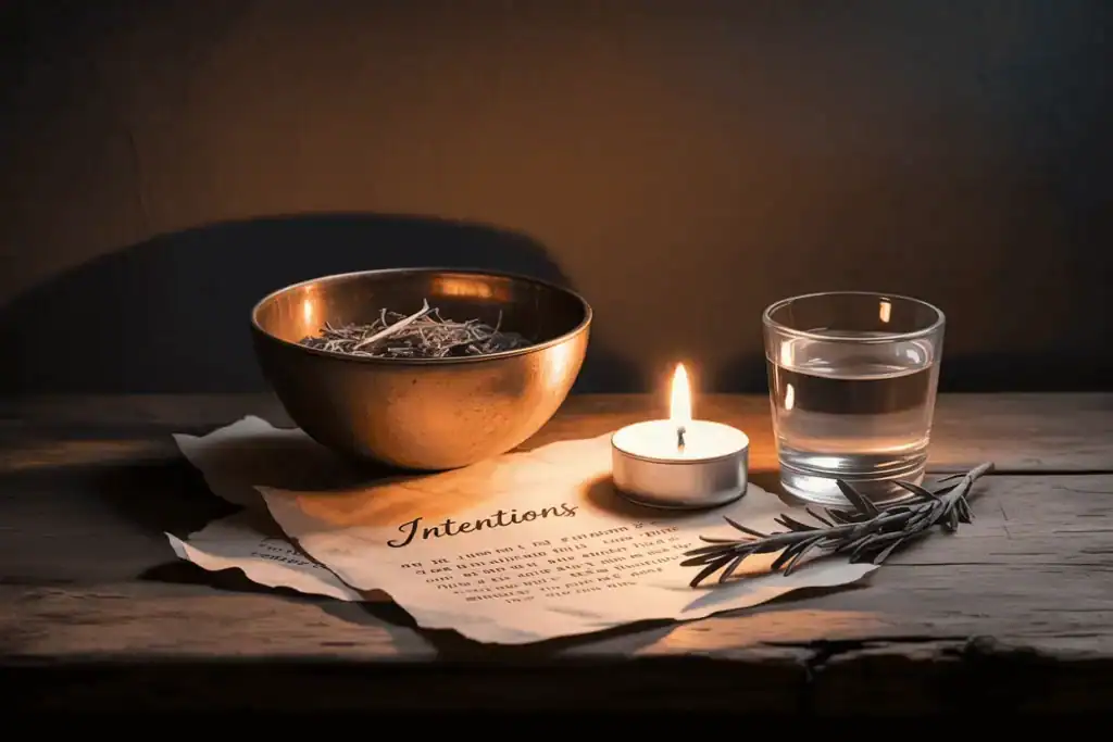 Candlelit altar with a bowl of herbs, glass of water, and parchment labeled “Intentions,” arranged for a simple moon ritual.