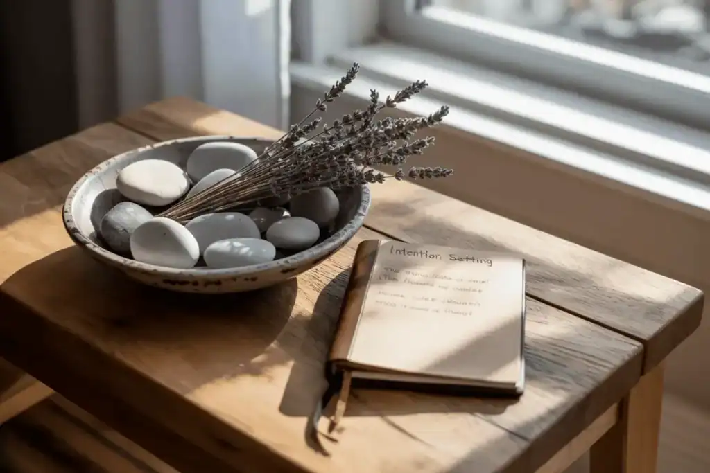 Open journal labeled “Intention Setting” beside a bowl of smooth stones and dried lavender, symbolizing reflection and spiritual grounding in life purpose astrology.