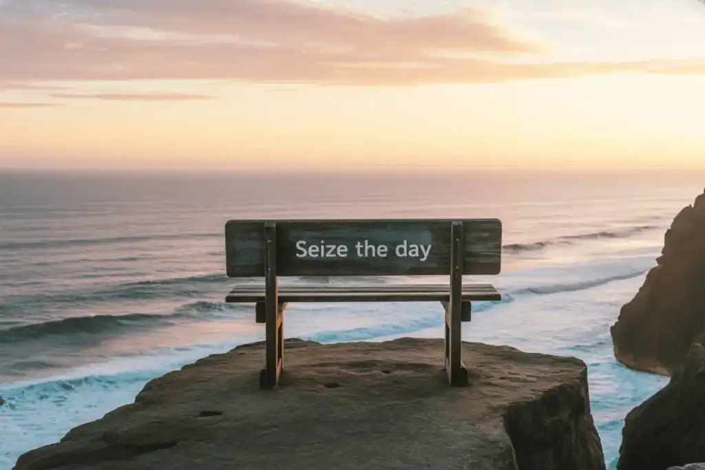 Bench on a cliff with the words “Seize the day” facing the ocean at sunset — a reminder to align action with insight from life purpose astrology.