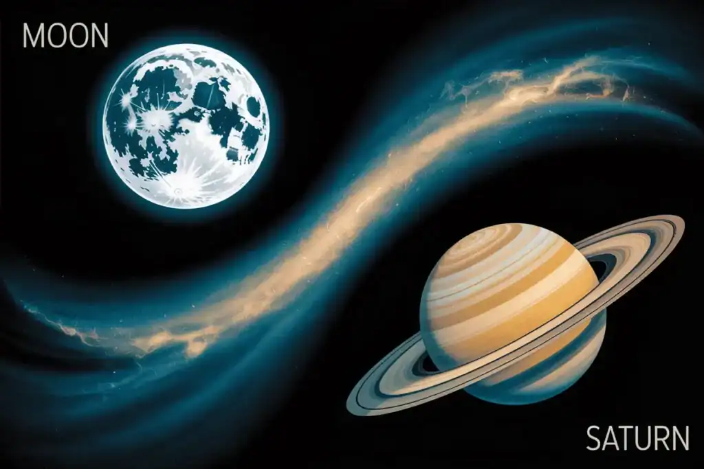 Surreal digital art of the Moon and Saturn connected by a glowing cosmic path