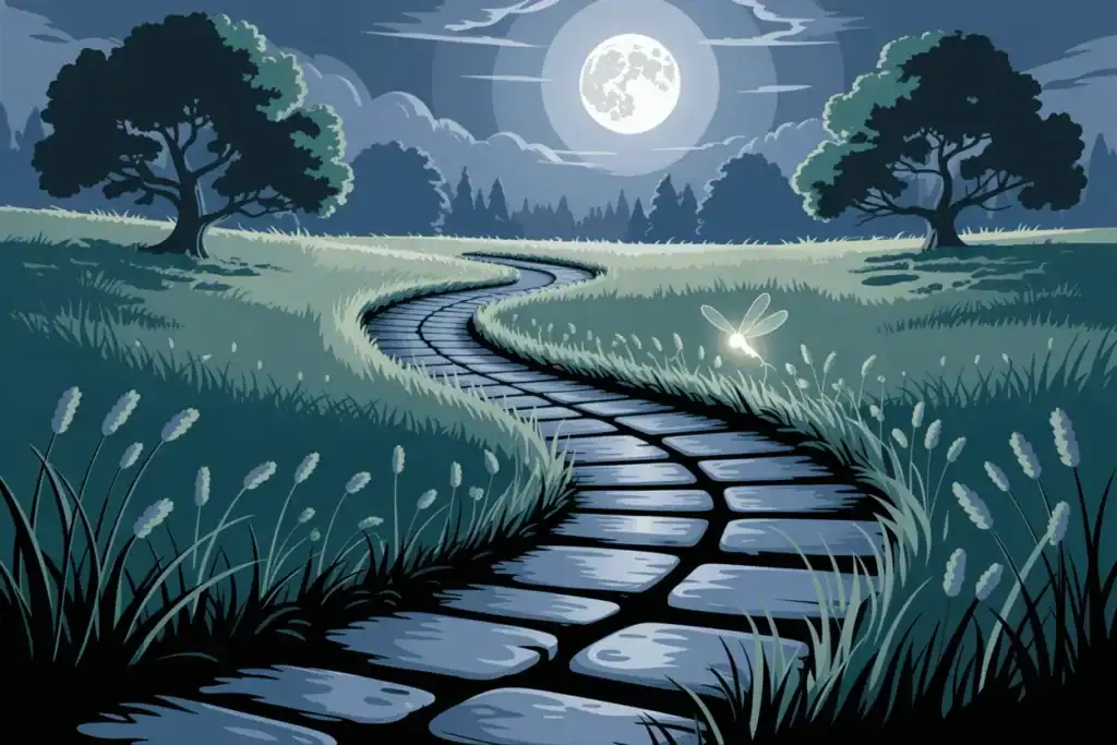 Serene night illustration of a moonlit winding path through a meadow with glowing firefly