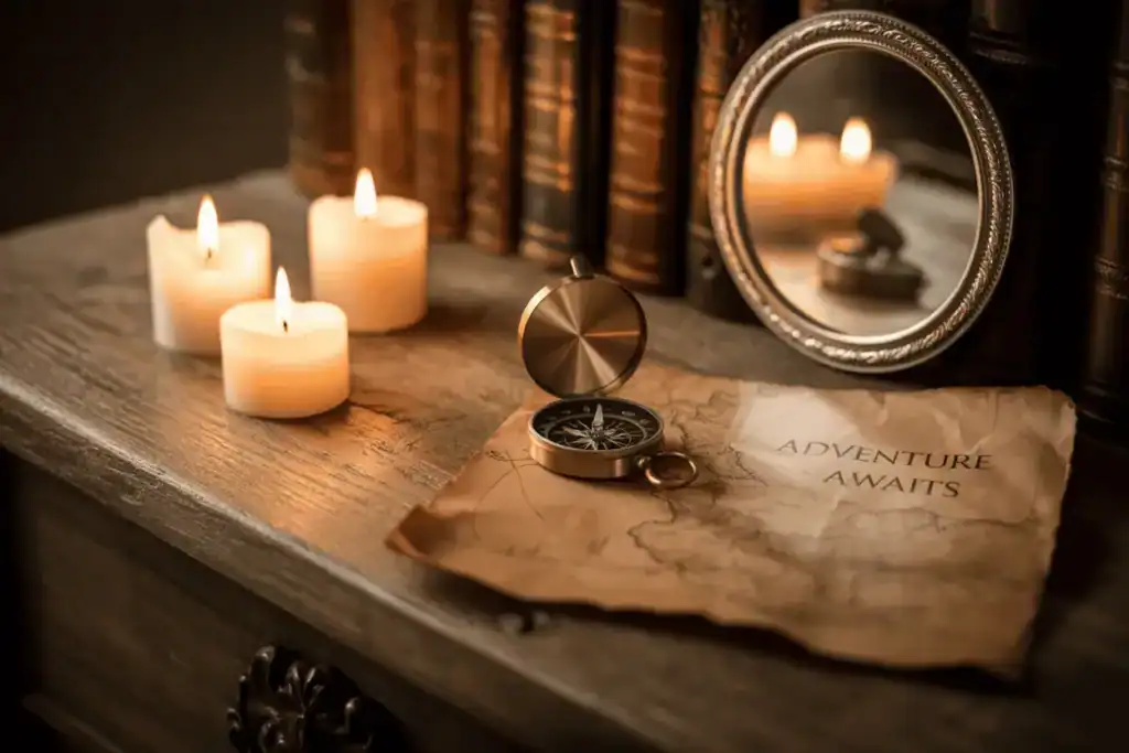 Vintage compass on a map reading “Adventure Awaits” with candlelight, representing spiritual navigation and direction through life purpose astrology.
