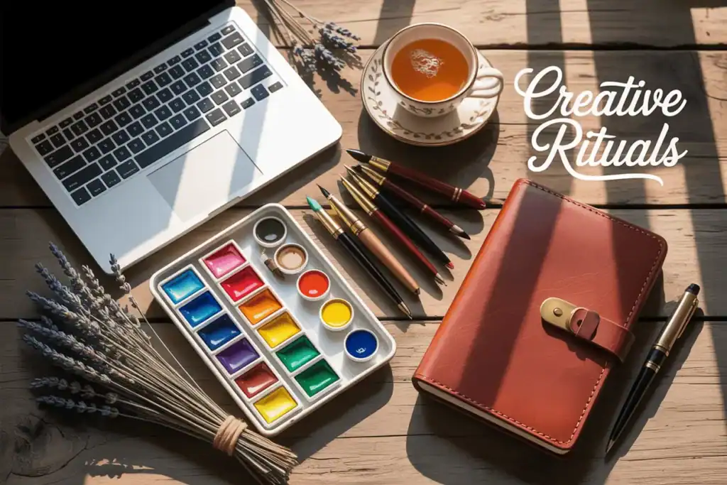 Artist’s flat lay featuring a laptop, tea, watercolor set, and journal labeled “Creative Rituals,” styled with natural lighting and lavender sprigs.