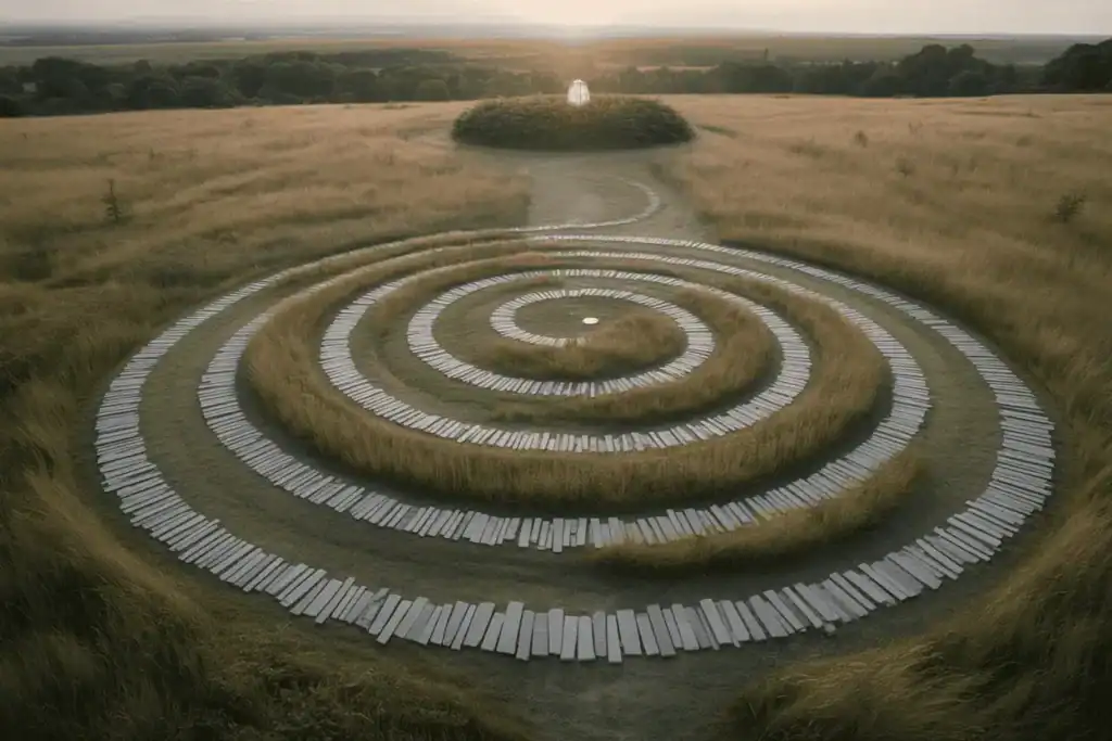 Aerial view of a spiral labyrinth in a meadow at sunrise, representing the inward journey and healing path of life purpose astrology.