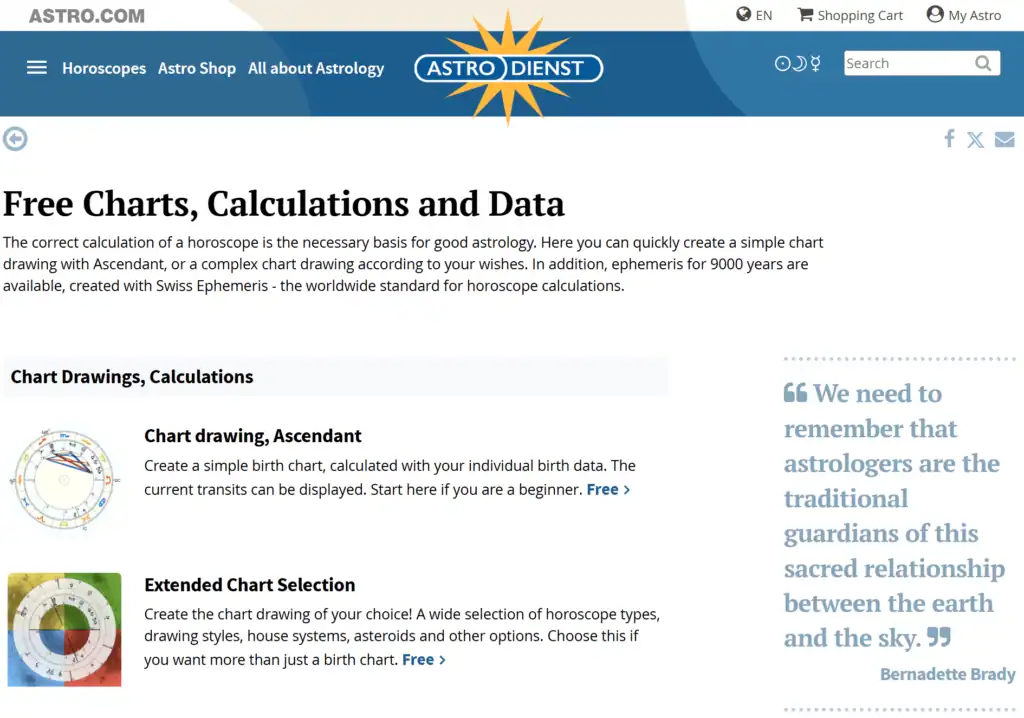 screenshot of astro.com for generating free birth charts