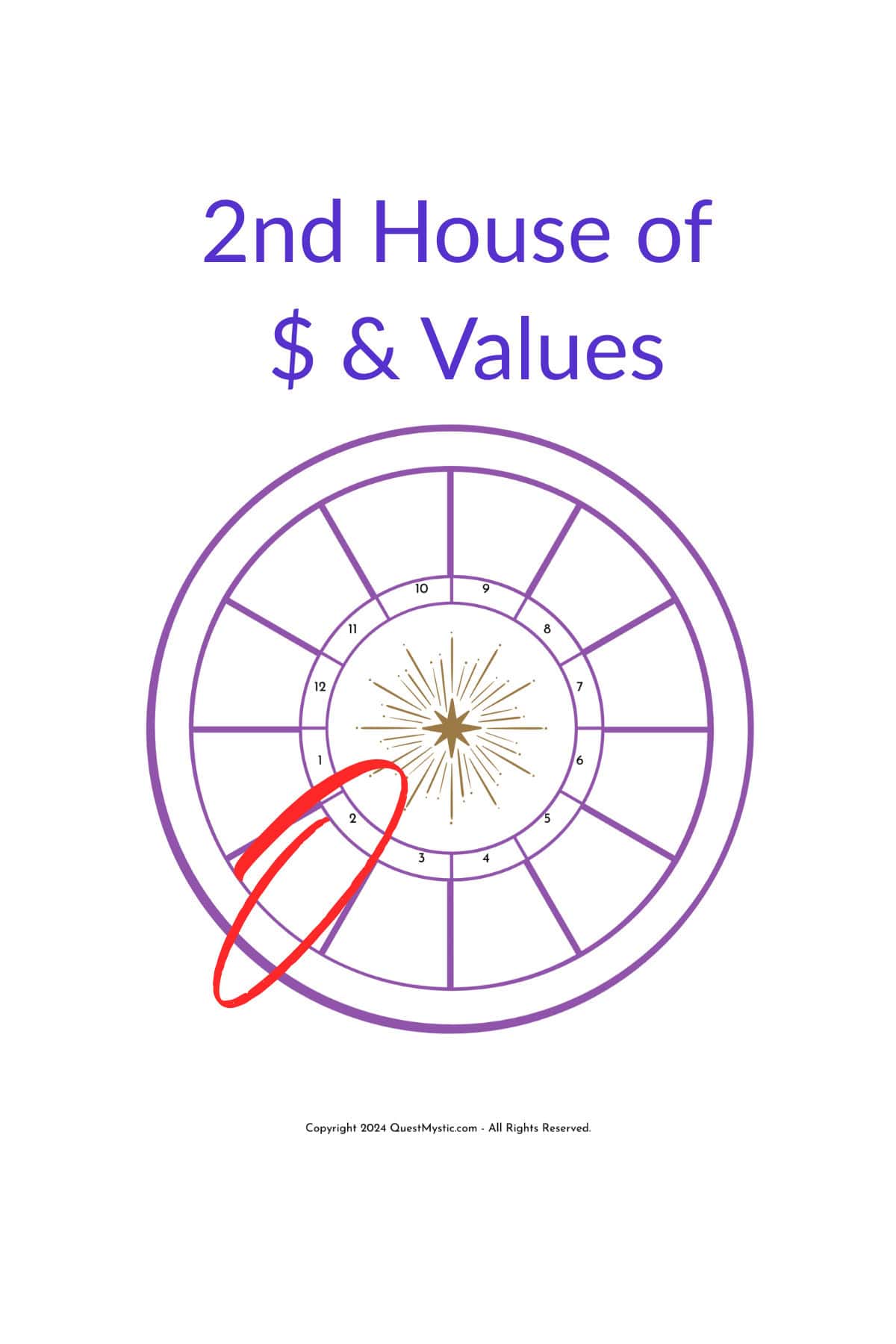 sample birth chart with the 2nd house of money and values highlighted